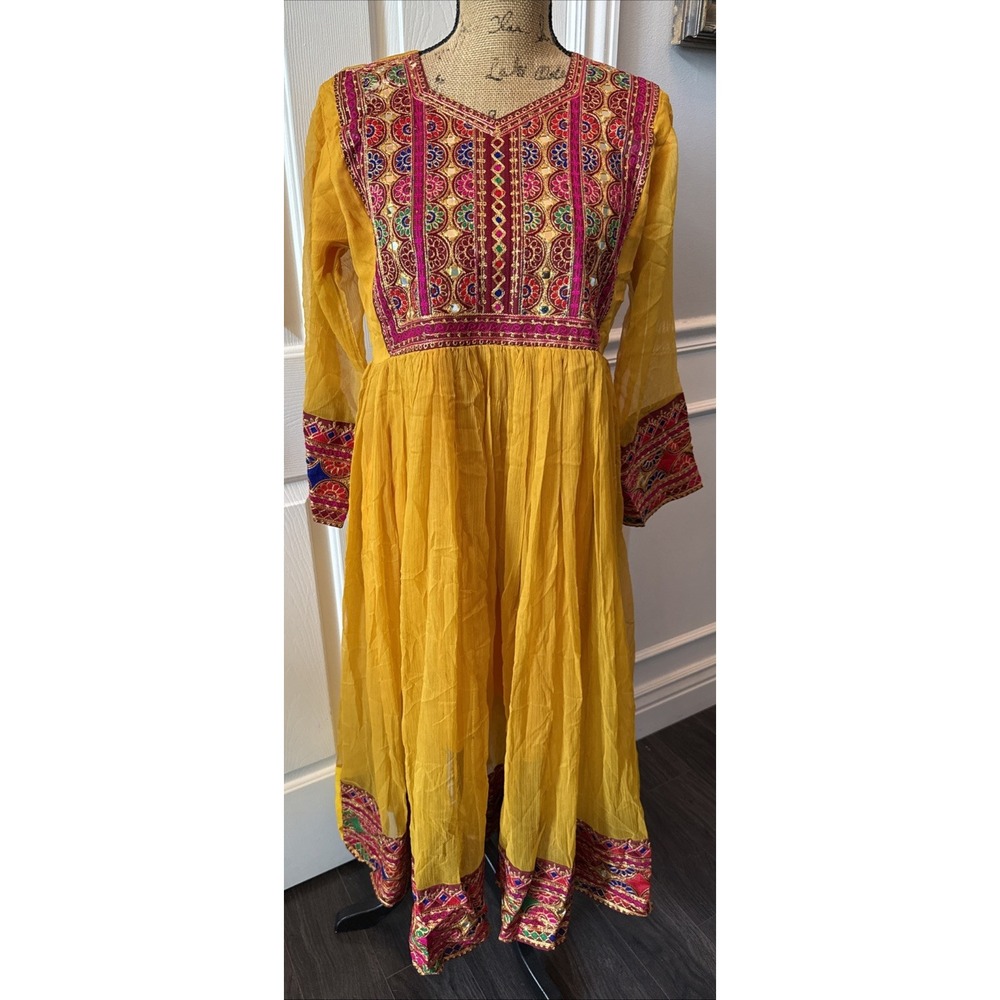 Bin Jamil Pakistani Salwar Kameez Yellow Colorful Mirror Women Dress Size M NWTs